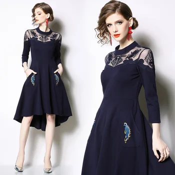 Trytree Jeseň Zima Ženy Bežné Šaty O-krku Výšivky Vrecká Módne, Elegantné A-Line podkolienok Office Lady Modré šaty
