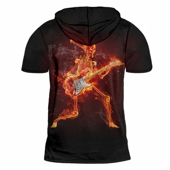 UJWI Muž Osobnosti Tanec Husle Gitara plameň Lebky s Kapucňou Tričko 3D Vytlačené Hip Hop Mužov Veľkoobchod Zábavné Harajuku T-shirt