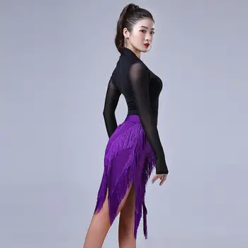 Nové Latin Dance Sukne Čierny Top Fialovej Strapec Sukne Výkon Praxe Latino Oblečenie latinskej Tanečnej Súťaže Šaty SL2616