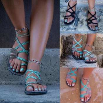 2020 Roman Letné Sandále Výbuchu Farby Zodpovedajúce Lano Uzol Pláži Prst Sandále Ženy Plus Veľkosť 35-43