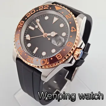 40 mm, sterilné black dial zlaté GMT keramická fazeta zafírové sklo automatické gumy popruh top mens mechanické hodinky