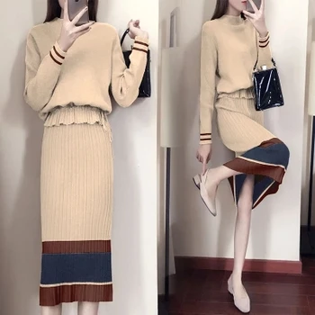 Sveter farby Jesene Nové dámske módne farby žien s dlhým rukávom farby zodpovedajúce sveter + skladaná sukňa dvoch-dielny oblek žien