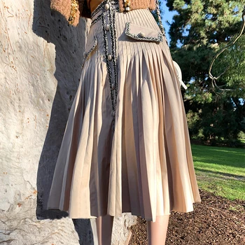 Skladaný Riadok Midi Sukne Ženy 2021 Jeseň Fashion Nové Patchwork Tweed dámske Sukne Vysoký Pás Tlačidlo Vrecku