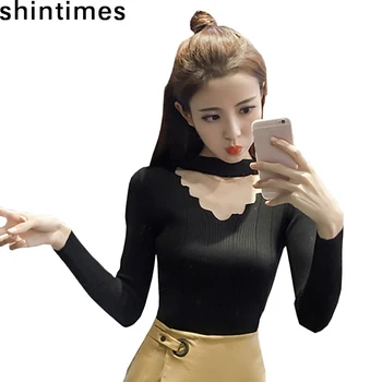 Shintimes 2019Autumn kórejský Módne Slim tvaru Biely Čierny Sveter Ženy Dlhý Rukáv Oblečenie Dámske Svetre Sveter Pulóvre