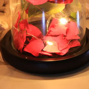 Umelé Kvety Červenej Ruže Padlých Lístky ruží v Sklenenej Dome na Drevený Základ na Vianoce valentínsky Darček k Narodeninám Domova