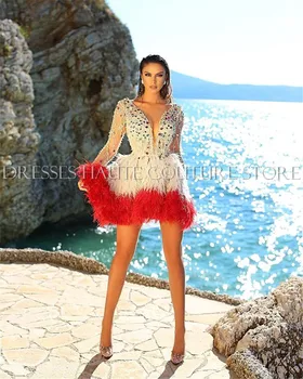 Luxusné Lištovanie Prom Šaty Rozstrapatené Perie Dlhé Rukávy Dubaj Arabčina Formálne Šaty, Sexy Korálkové Mini Koktejlové Šaty