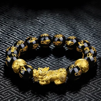 Feng Shui Obsidian Kameň Korálky Náramok Muži Ženy Unisex Náramok Gold Black Pixiu Bohatstva a Šťastia Šperky Náramok