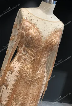 Rýn reálne Obrázky Dlhé Rukávy Šampanské Korálky Crystal Sexy Morská panna Luxusné späť arabčina večerné šaty dlhé
