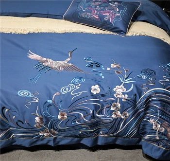 120S Egyptskej Bavlny Luxusné Výšivky Royal posteľná bielizeň Set 4/6pcs Kráľ, Kráľovná Svadobné Lôžko List Kryt nastaviť Perinu Modrého vtáka lietať