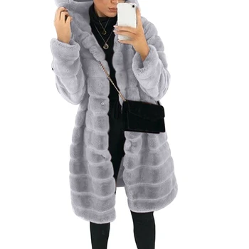 2021 Zimné Zahustiť Teplé dlho umelú kožušinu kabát s Kapucňou Chlpaté Teplé Načechraný Dámy Bundy Outwear Plus Veľkosť pre ženy