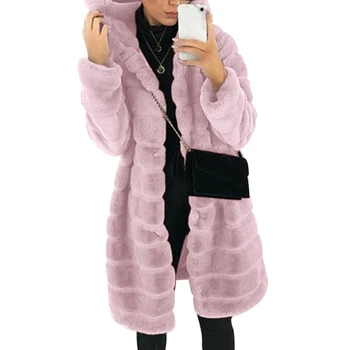 2021 Zimné Zahustiť Teplé dlho umelú kožušinu kabát s Kapucňou Chlpaté Teplé Načechraný Dámy Bundy Outwear Plus Veľkosť pre ženy