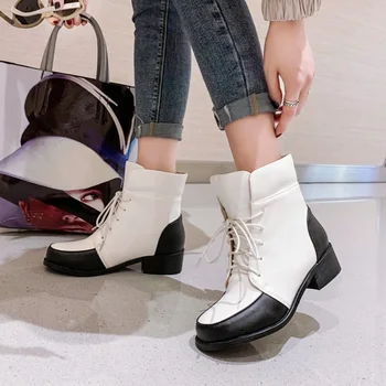 REAVE MAČKA 2019 zimné topánky, ženy, členkové topánky Široký Teľa kožené šnurovacie Nízkom podpätku lady pracovné topánky veľkosť 46 bežné Botas feminino