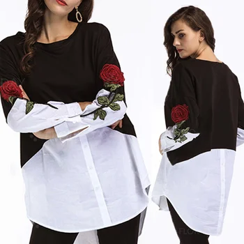 U-PRISAHÁM 2020 Nový Bežné Ženy Rose Výšivky Kontrast Voľné Tričko Dlhý Rukáv Top Nepravidelný Cardigan, Blúzky, Plus veľkosť harajuku