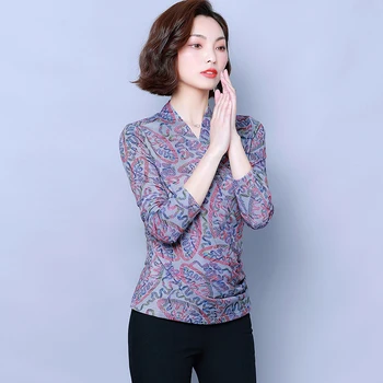 Vytlačené tvaru Blúzky 2021 Jesenné Módne Košele, Ženské kórejský Tričko Dlhý Rukáv Elegantné Ženy Klesnutie Topy Nové Košieľka Femme