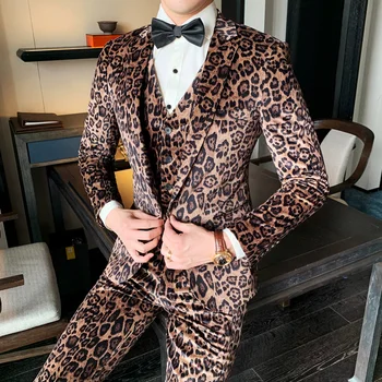 Mens Leopard Tlač Oblek Nový Príchod Luxusné Pánske Velvet Obleky 3 Kusy Obleky Pre Mužov, Svadobné Kostýmy Fáze Večera Prom Šaty