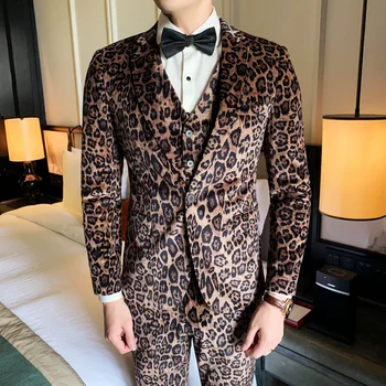 Mens Leopard Tlač Oblek Nový Príchod Luxusné Pánske Velvet Obleky 3 Kusy Obleky Pre Mužov, Svadobné Kostýmy Fáze Večera Prom Šaty