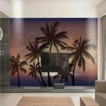 Vlastné tapety HD ručne maľované západ slnka coconut tree mora štýl krásne pozadie dekorácie nepremokavého materiálu