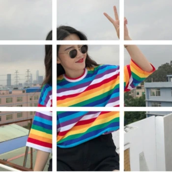 Tričko Ženy Rainbow Prekladané Punk T-shirt O-Krku Bežné Harajuku Tričko Krátky Rukáv kórejský Fashion Tričko Camiseta Feminina Top