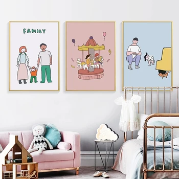 Rodinný dom Dekorácie Plátne Obrazy pre Interiér Cartoon Mama Otec Dieťa Obrázok Obrázky Minimalistický Nordic Plagát Frameless
