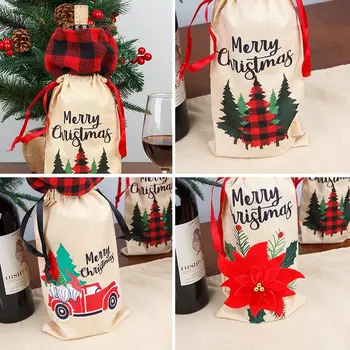 Vianočné Fľaša Červeného Vína Zahŕňa Taška Bielizeň Dovolenku Santa Claus Fľaša Šampanského Kryt Vianočné Dekorácie Pre Domov