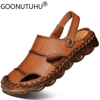 Módne pánske sandále bežné originálne kožené topánky muž papuče nové letné plážové sandále muž klasické hnedé, čierne sandále pre mužov