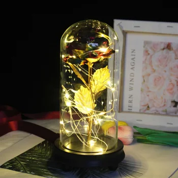 Nový Večný Kvet Nesmrteľný Flóry S LED Svetlom Reťazec V Sklenenou Kupolou Na Drevený Základ Najlepšie Valentína Darček