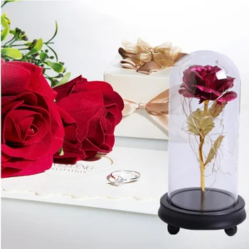 Nový Večný Kvet Nesmrteľný Flóry S LED Svetlom Reťazec V Sklenenou Kupolou Na Drevený Základ Najlepšie Valentína Darček