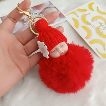 Prívesok Na Spanie Baby Doll Keychain Kvet Pompom Králik Kožušiny Loptu Keyring Načechraný Auto Keyring Taška Držiteľ Prívesok Charm Šperky
