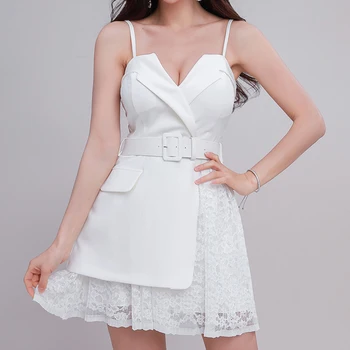Nový príchod módne mini a-line šaty elegantné ženy temperament jednoduché čerstvé Špagety Popruh roztomilý sexy mini white a-line šaty