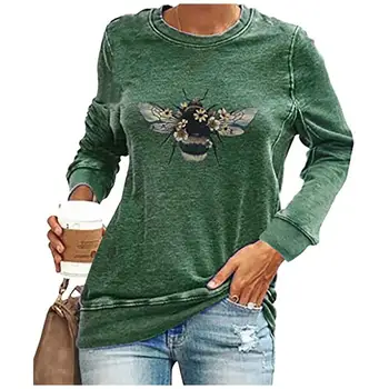 Plus Veľkosť Bežné Jeseň Ženy T-Shirt Roztomilý Včely Tlač Long Sleeve Tee Green Blue Topy Zimné Dámske Streetwear Oblečenie Pre Ženy