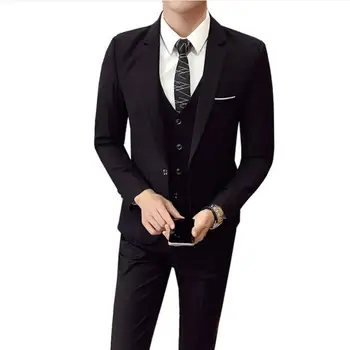 Bunda+Nohavice+vesta) Vlastné Slim Fit Mužov Svadobný Oblek Mužskej 3 Kusy nastaviť kórejská verzia Blejzre Business Formálne Kostým Bežné Strany