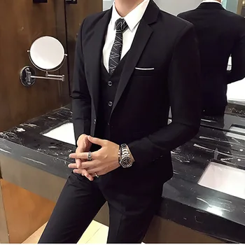 Bunda+Nohavice+vesta) Vlastné Slim Fit Mužov Svadobný Oblek Mužskej 3 Kusy nastaviť kórejská verzia Blejzre Business Formálne Kostým Bežné Strany