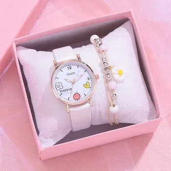 Ženy Sledovať 2020 Luxusné Módne Macaron Kožený Opasok Cartoon Sledovať Daisy Náramok Sada Obsahuje Rámček Dámske elegantné náramkové hodinky