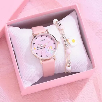 Ženy Sledovať 2020 Luxusné Módne Macaron Kožený Opasok Cartoon Sledovať Daisy Náramok Sada Obsahuje Rámček Dámske elegantné náramkové hodinky