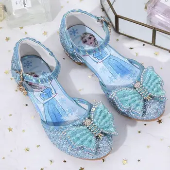 Disney Mrazené Elsa Princezná Dievčatá Kožené Crystal Sandále Lesk Bežné Vysoké Podpätky Dievčatá Sandály Ružová Modrá Strieborná Elsa Topánky