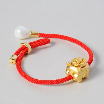 Zlaté prasa červené lano náramok S999 mincový striebro prenos ruke lano Zverokruhu ošípaných pearl nastaviteľné darom lásky náramok pre ženy muži