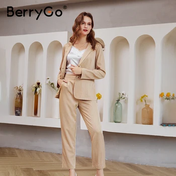 BerryGo Príčinné khaki jeseň zima ženy vyhovovali sady Office lady dva kusy prúžok dlhé nohavice Elegantné mieru golier vyhovovali nastaviť