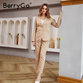 BerryGo Príčinné khaki jeseň zima ženy vyhovovali sady Office lady dva kusy prúžok dlhé nohavice Elegantné mieru golier vyhovovali nastaviť