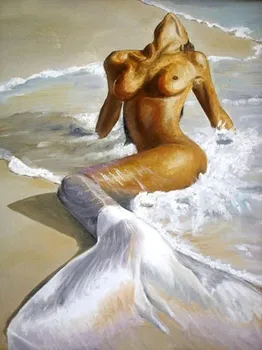 TOP ART olejomaľba - Morská panna, ktorú oceán a vlny na pláži olejomaľba - ručne maľované 24x36 inch-doprava zadarmo