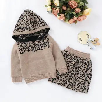 2 ks Jeseň Zima Strana Deti Oblečenie Baby Girl Fashion Leopard s Kapucňou Sveter Tutu Sukne Oblečenie Batoľa Dievča Oblečenie Set sa