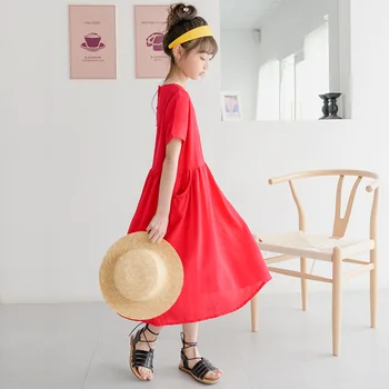 2020 Letné Dievčenské Oblečenie Pre Deti Kórejský Vysoký Pás Voľné Bežné Červené Šaty Deti Bavlna Retro Vrecku Princezná Strany Frocks