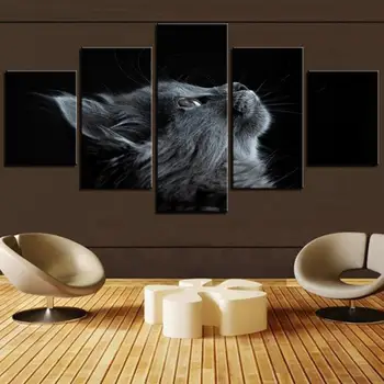 Plátno Na Maľovanie Na Stenu Umenie Obrázky 5 Kusov Zvierat Čierna Mačka, Žlté Oči Home/Obývacia Izba Office Dekor Vytlačené Roztomilý Plagát Rám