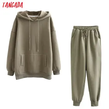 Tangada 2020 Jeseň Zima Ženy hrubé fleece, bavlna farby 2 ks súpravy hoodies mikiny a nohavice obleky 6L17