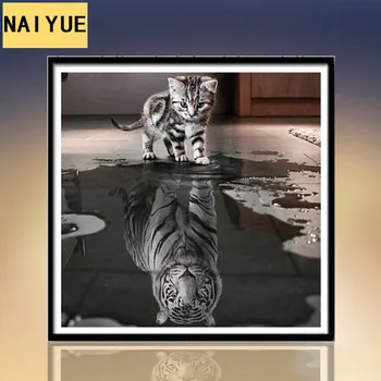DIY 5D Diamond Maľovanie Tiger Diamond Výšivky Mačka Obraz Mačka je Odrazom Zvieratá Dekoratívne Domáce Dekorácie Maľovanie