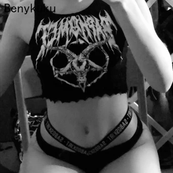Punk Goth Kozie Hlavy Tlačiť Nádrže Streetwear Bodycon Black Basic Tank Topy Ženy Grunge Sexy Bez Rukávov Lete Elastické Orezať Začiatok