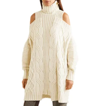 Biela turtleneck off-the-ramenný sveter ženy voľné osobnosti troch-dimenzionální twisted veľký profil dlhý sveter pulóvre