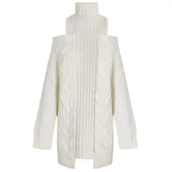 Biela turtleneck off-the-ramenný sveter ženy voľné osobnosti troch-dimenzionální twisted veľký profil dlhý sveter pulóvre