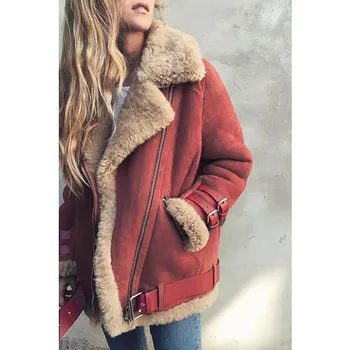 Kabáty A Bundy Ženy Zimné Umelú Kožušinu Fleece Outwear Teplé Klope Biker Motorových Letec Vrecká, Bunda Ženy 2018oct11