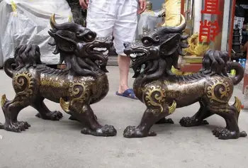 Čína palace Royal Meď, Bronz Feng Shui Dragon Zviera Kylin Kilin jednorožec Pár