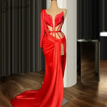 Červená Jedného Pleca Dlhý Rukáv Večerné Šaty 2020 Sexy Morská panna Satin Večer Party Šaty Šaty vestidos de noche